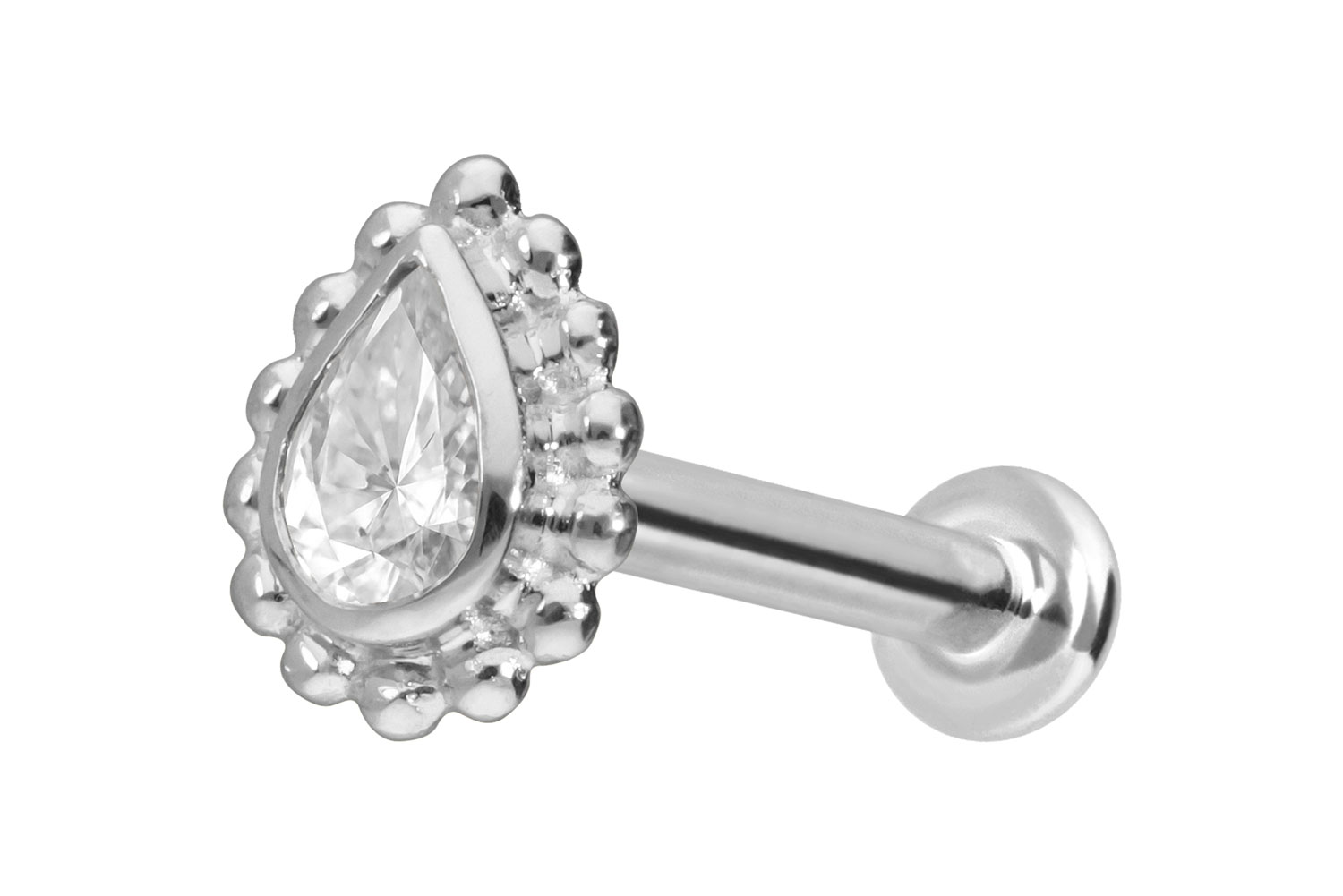 14 Karat Gold Labret Piercing mit Push Fit MOISSANIT-TROPFEN + KUGELN